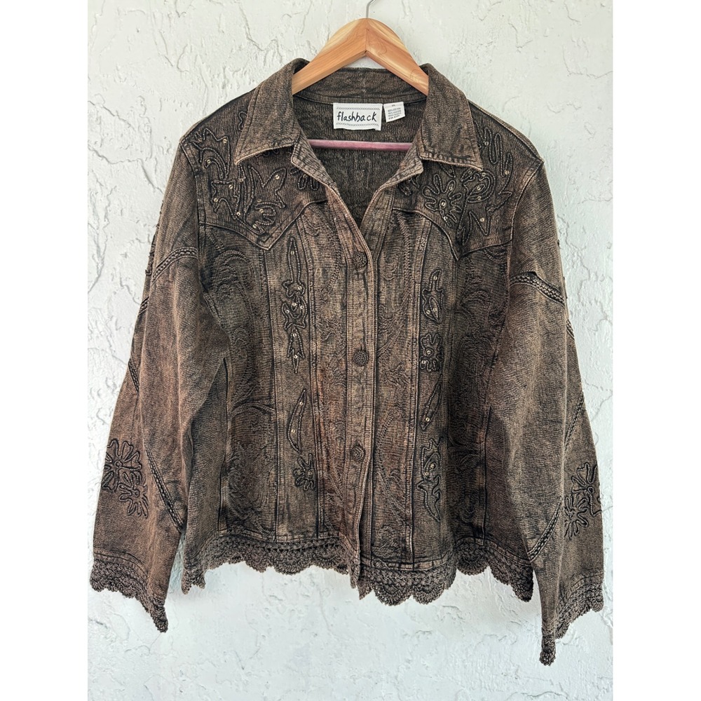 Flashback Brown Acid Wash Embroidered Sequin Jacket Scalloped Hem XL Womens
